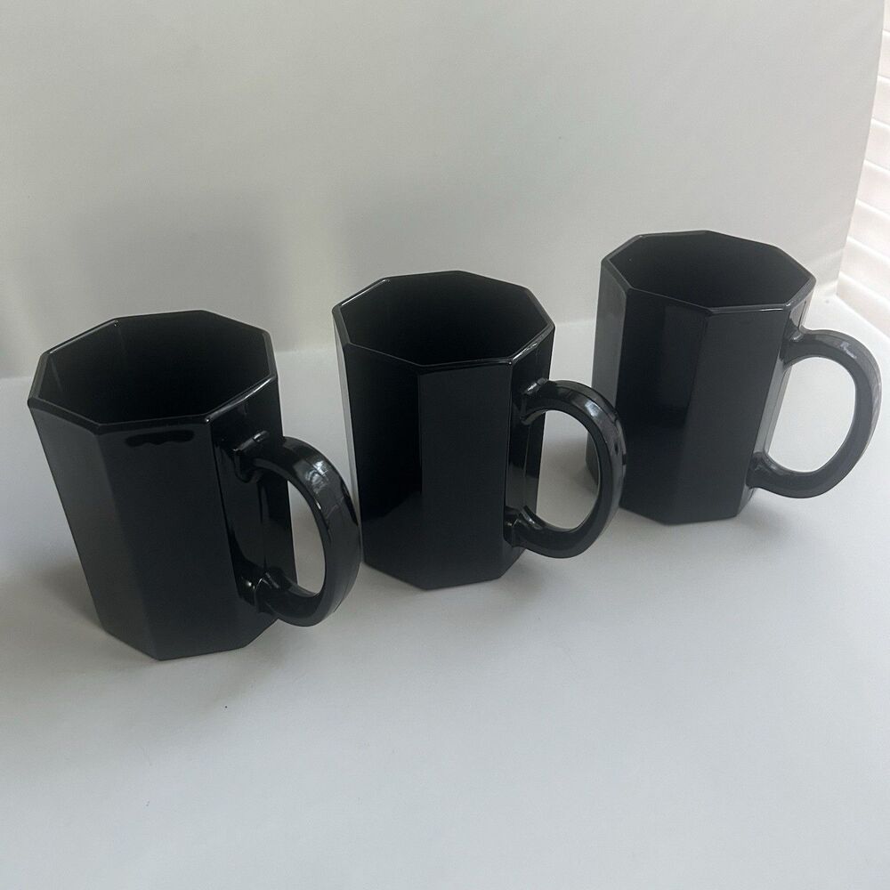 Set of 3 Vintage Black Glass Arcoroc Octime France Octagon Coffee Mugs Cups 4”